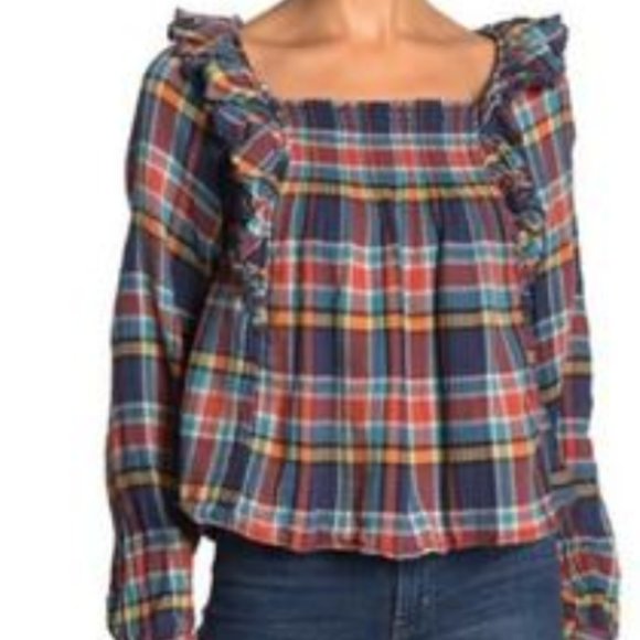 Free People Tops - Free People Siena Plaid Pullover in Blue  Ruffled